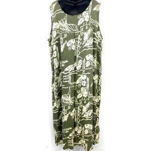 Hilo Hattie Green Aloha Hawaiian Dress 3X Shift Midi Floral Sleeveless Scoop EUC